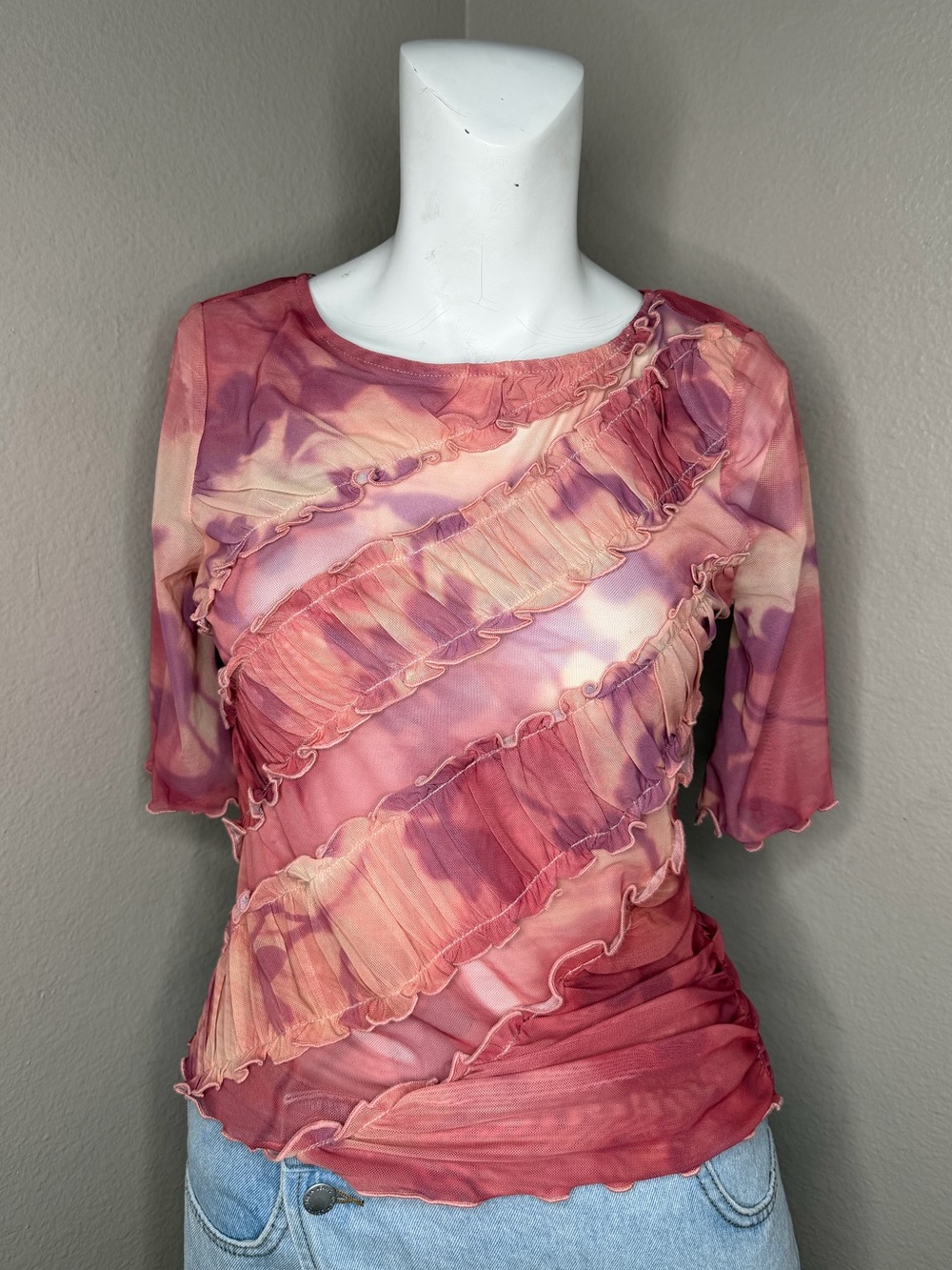 Anthropologie Pink and Peach Ruffle Mesh Short Sleeve Top